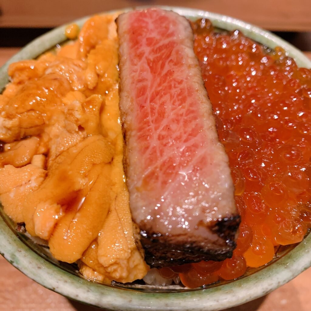 Seared tuna, uni, and ikura rice bowl from a Tokyo food tour